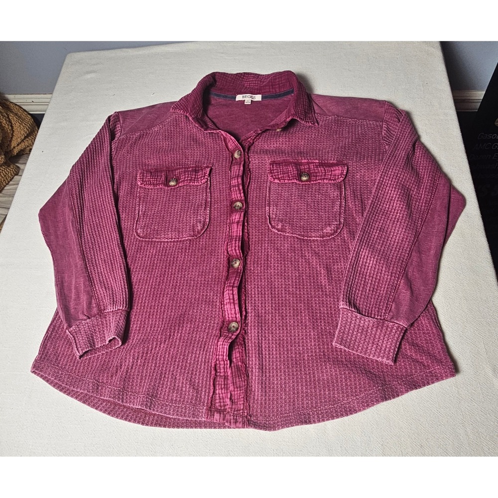 Briggs Womens Waffle Knit Button Down Shirt Berry Pink Long Sleeve Size L